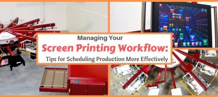 Guide on managing screen printing workflow with tips for effective production scheduling, featuring red printing presses and a digital control panel.