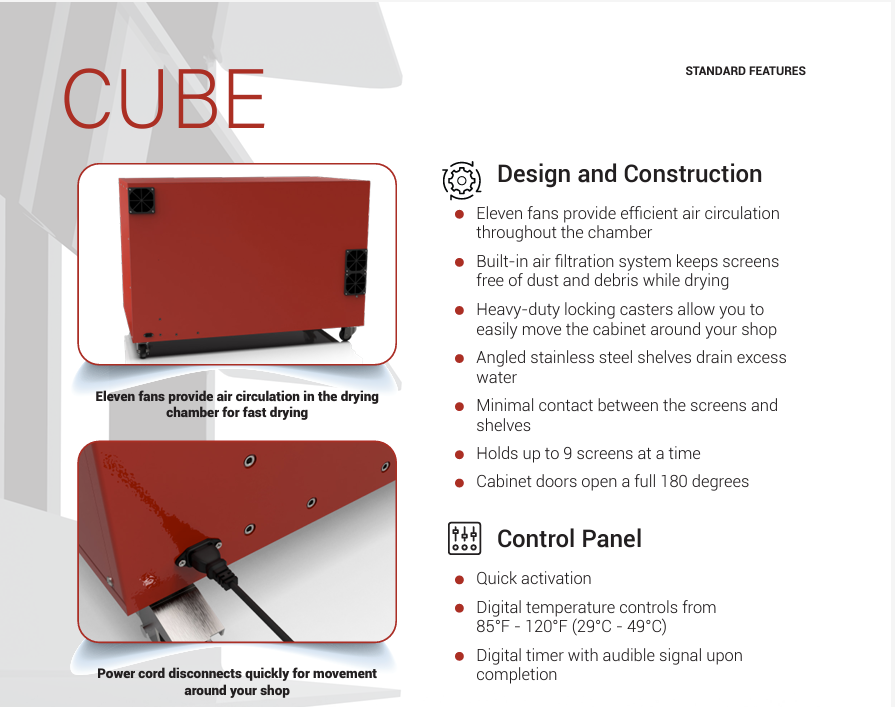 Compact drying cabinet for screen printing screens