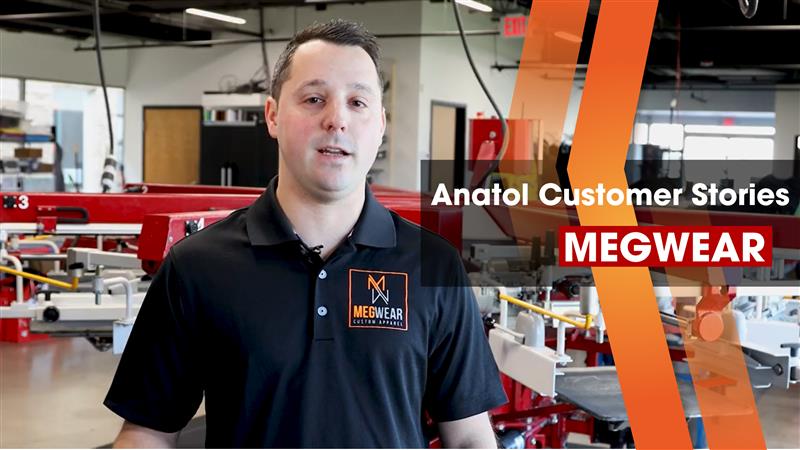 Anatol VOLT all-electric printer press for t-shirts running 800 shirts in 2 hours at Megwear screen printing shop